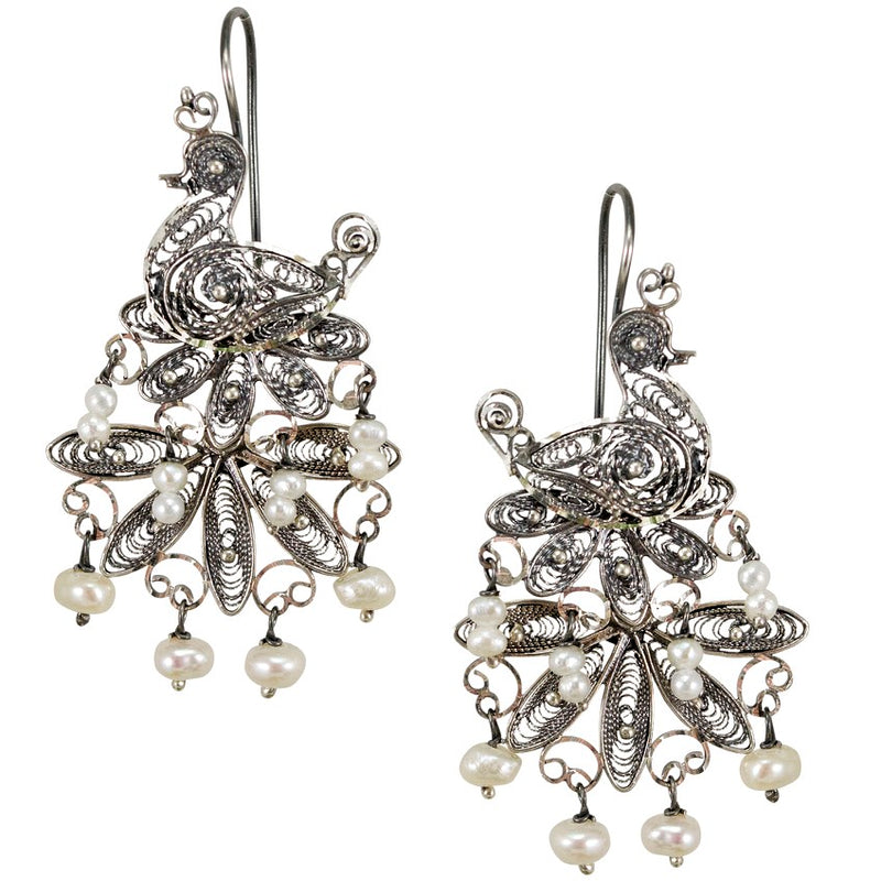 Peacock Silver Filigree Earrings from Oaxaca - Pearls