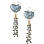 Crystal Embellished Tassel and Embroidered Heart Mexican Earrings - Grey