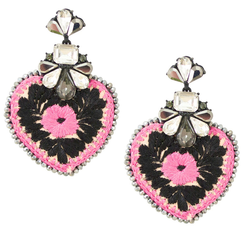 Crystal and Embroidered Heart Mexican Earrings