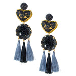 Crystal and Embroidered Heart Mexican Earrings - Black and Cafe with Tassel
