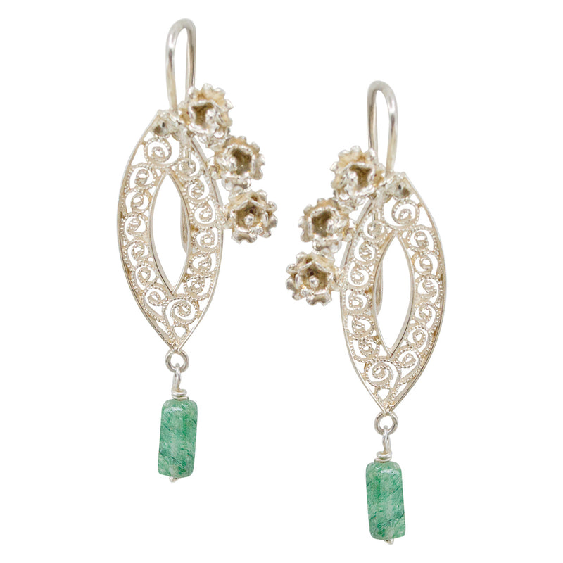 Silver Filigree and Flower Jade Bead Drop Earrings