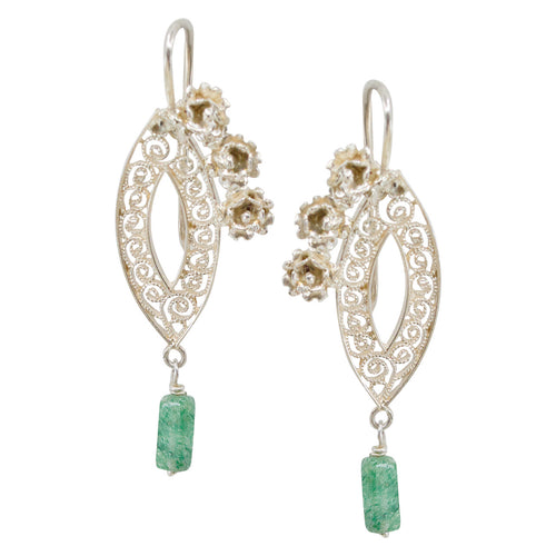 Silver Filigree and Flower Jade Bead Drop Earrings