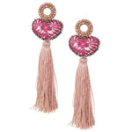 Rose and White Embroidered Heart with Tassel Mexican Earrings