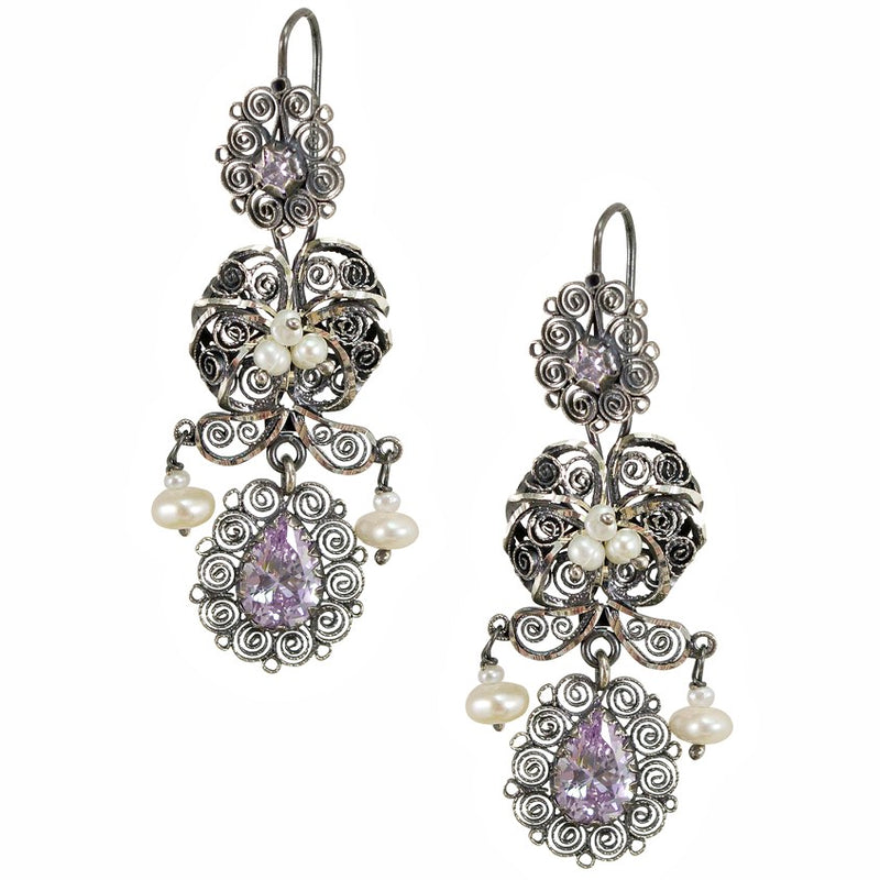 Frida Kahlo Silver Filigree "Jardin" Earrings from Oaxaca - Light Purple Crystals