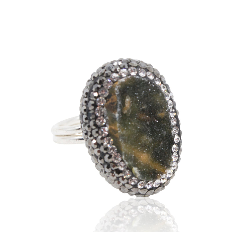 Milky Way Druzy Quartz and Grey Hematite Adjustable Statement Ring