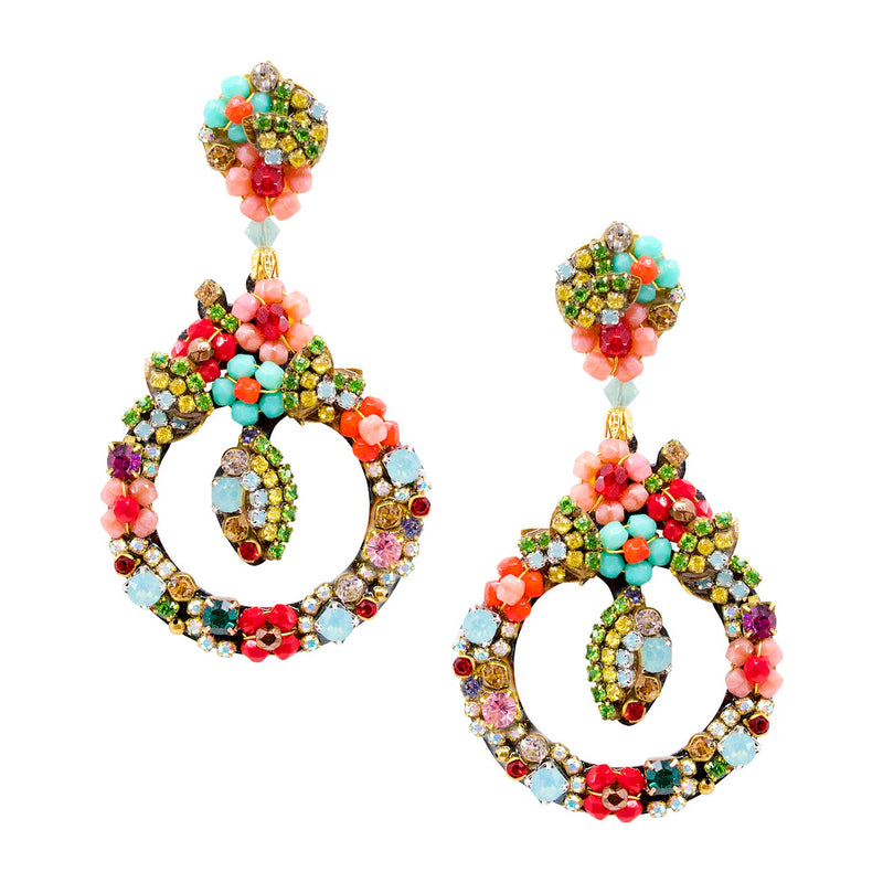 Colorful Swarovski Crystal and Strass Flower Wreath Earrings by DUBLOS