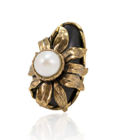 Onyx and Pearl Statement Ring - Adjustable