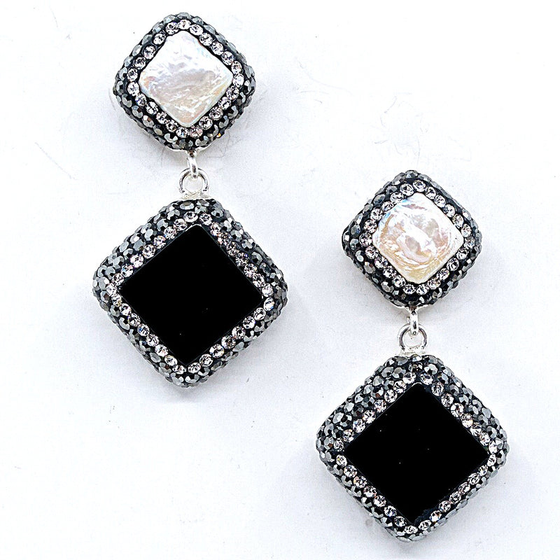 Semi-Precious Onyx and Pearl Post Earrings
