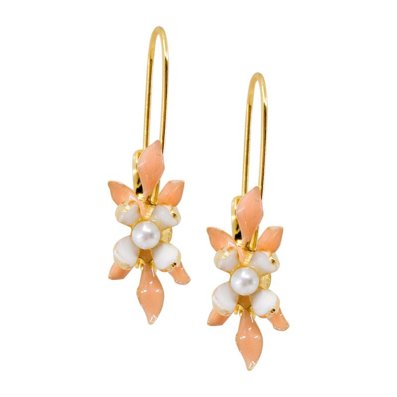 Drop Peach and White Flower Earrings by Eric et Lydie