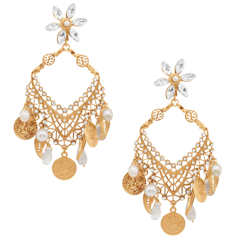 Woven Gold and Pearl Crystal Statement Earrings by AMARO