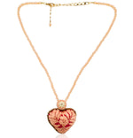 Pink and Scarlet Embroidered Heart Mexican Drop Necklace