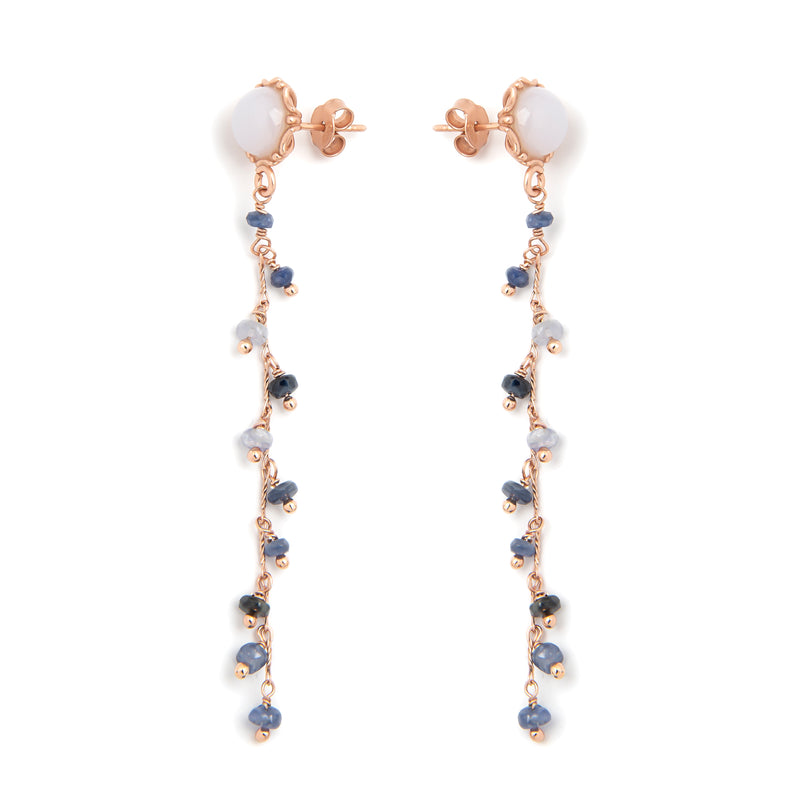 Chalcedony and Blue Sapphire Drop Chain Earrings