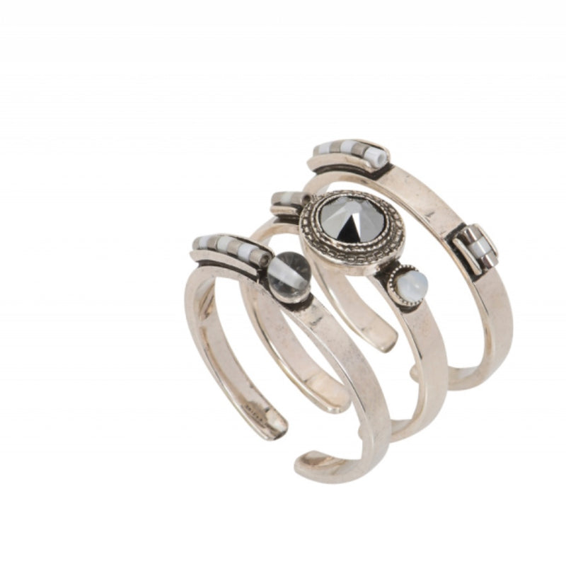 Silver Rock Crystal and Japanese Beads Stackable Cocktail Ring Set by Satellite Paris