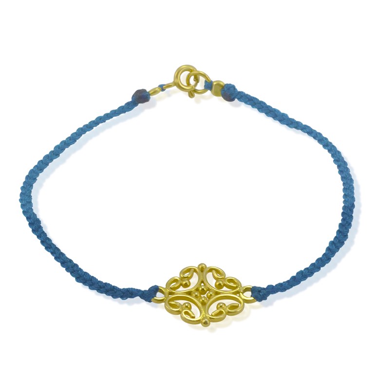 Gold Plated Sterling Silver and Cord Bracelet - Blue