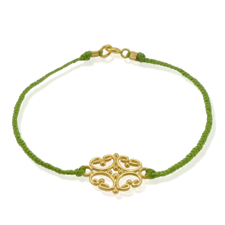 Gold Plated Sterling Silver and Cord Bracelet - Green