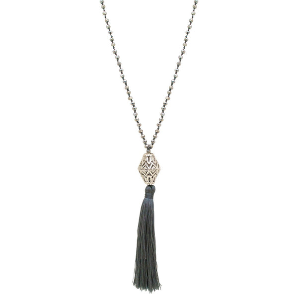 Long Silk Tassel Filigree Bead Necklace - Grey – JJ Caprices