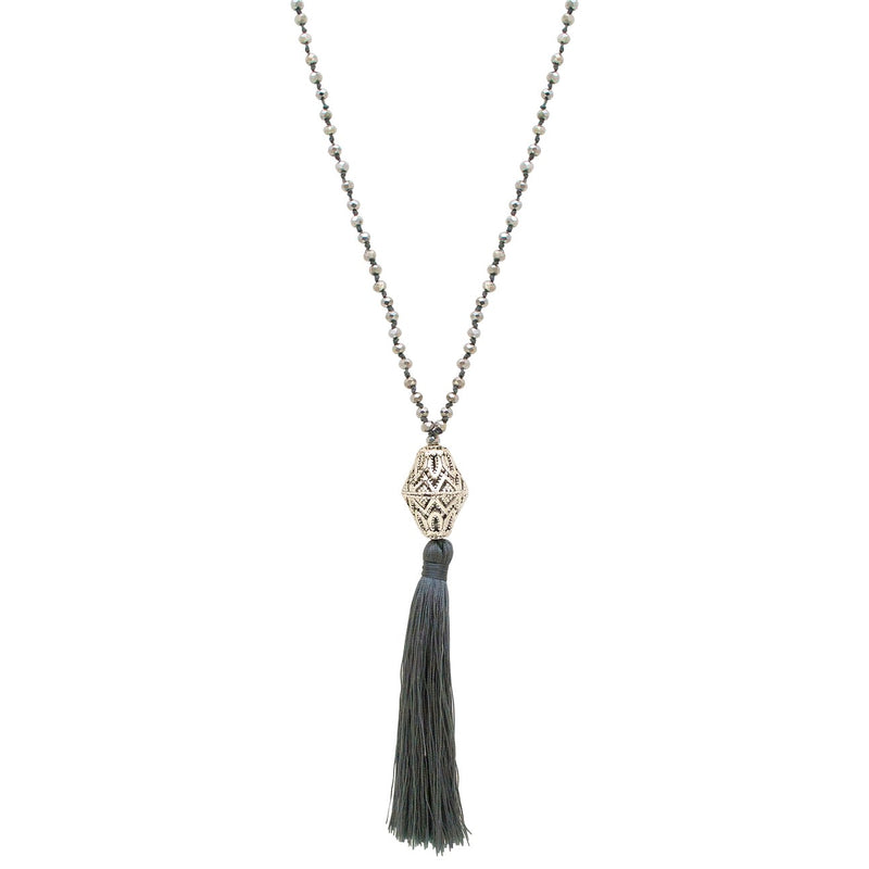 Long Silk Tassel Filigree Bead Necklace - Grey