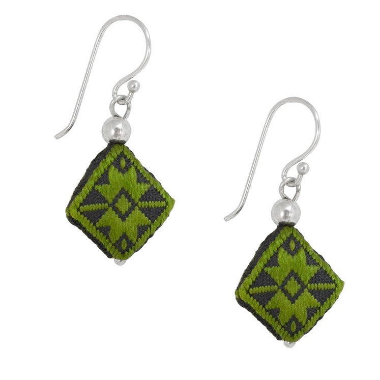 Embroidered Silk Earrings - Green and Black