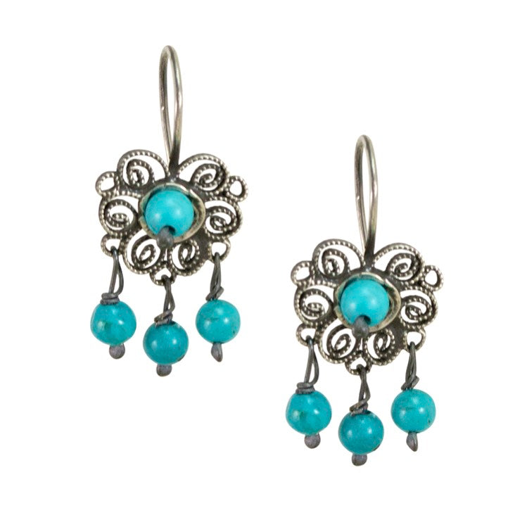Mini Sterling Silver Frida Kahlo Filigree Earrings with Turquoise Beads