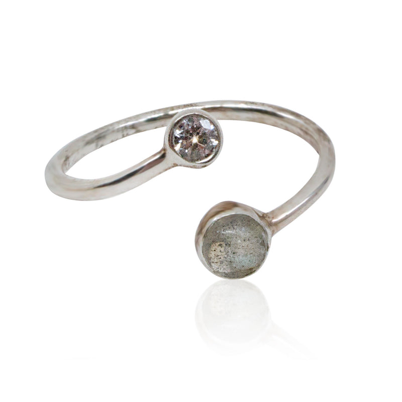 Sterling Silver Labradorite and Zirconia Ring from France- Size 6.5, Adjustable