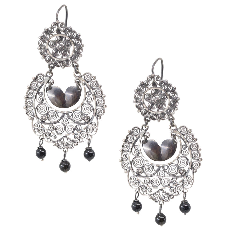 Sterling Silver and Onyx Frida Kahlo Filigree Earrings