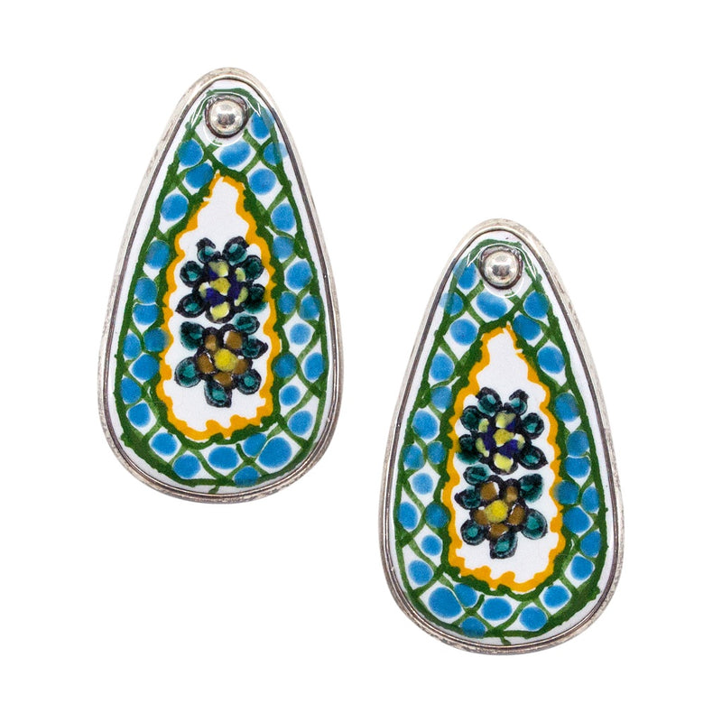 Hand Painted Talavera and Sterling Silver Tile Earrings