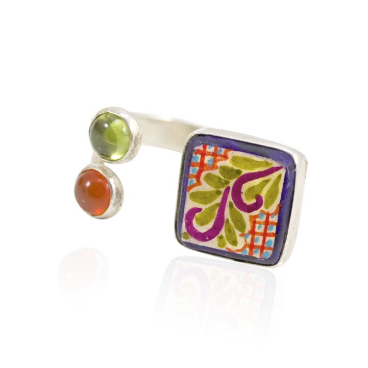 Hand Painted Talavera and Sterling Silver Ring - Adjustable