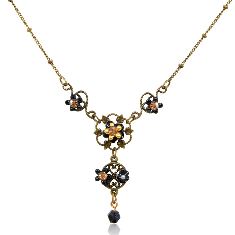 Tudor Rose Antique Brass and Onyx Drop Pendant Necklace by Eric et Lydie