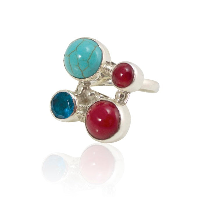 Turquoise and Coral Adjustable Silver Ring from Taxco, Mexico