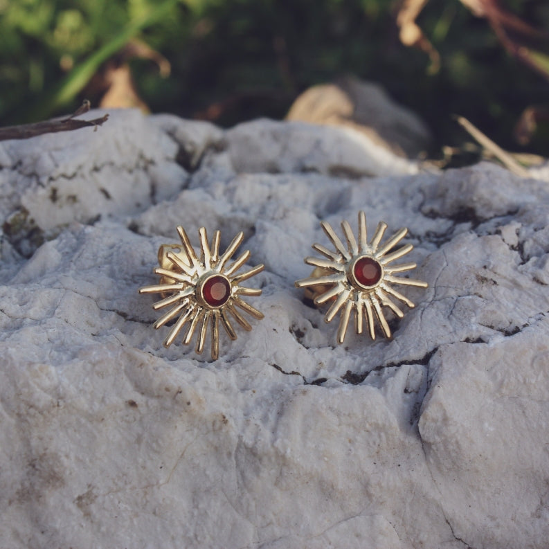Gold Sunburst Red Onyx Post Earrings