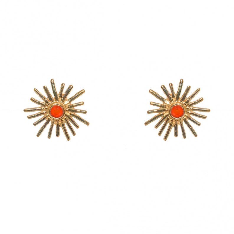 Gold Sunburst Red Onyx Post Earrings