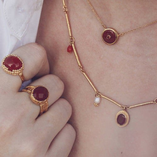 Red Onyx and Cultured Pearl Gold Plated Cord Necklace