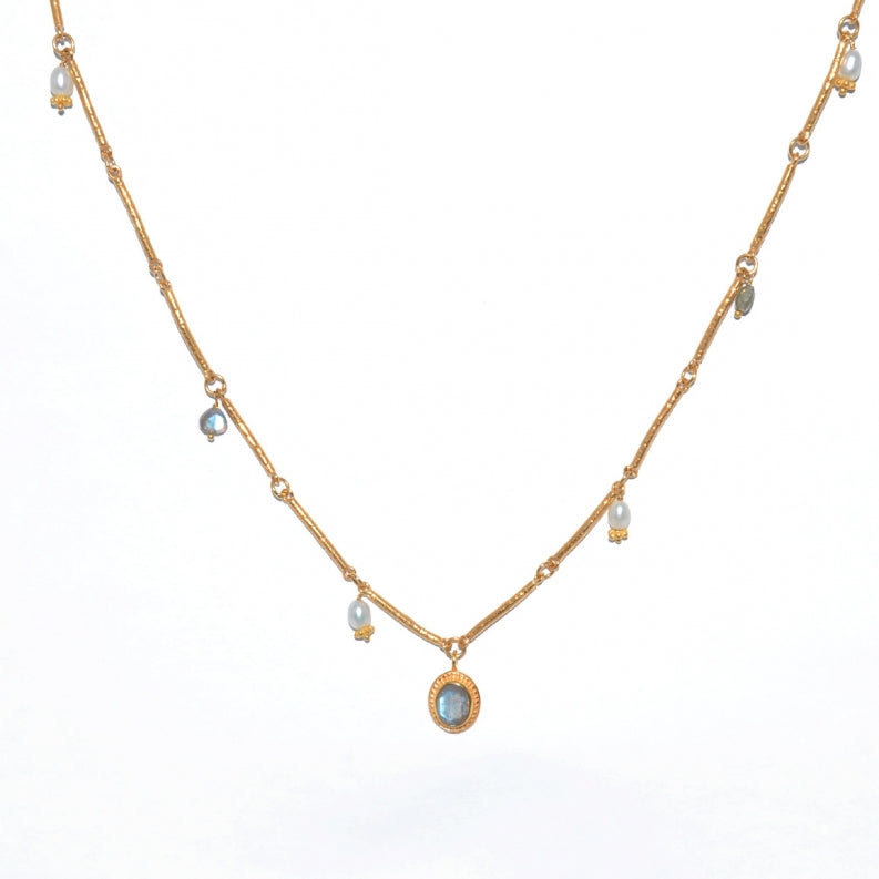 Labradorite and Cultured Pearl Gold Plated Cord Necklace