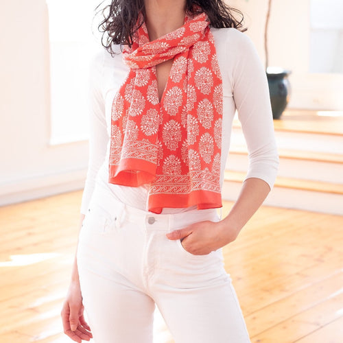 Hand Block Printed Scarf - Coral Motif