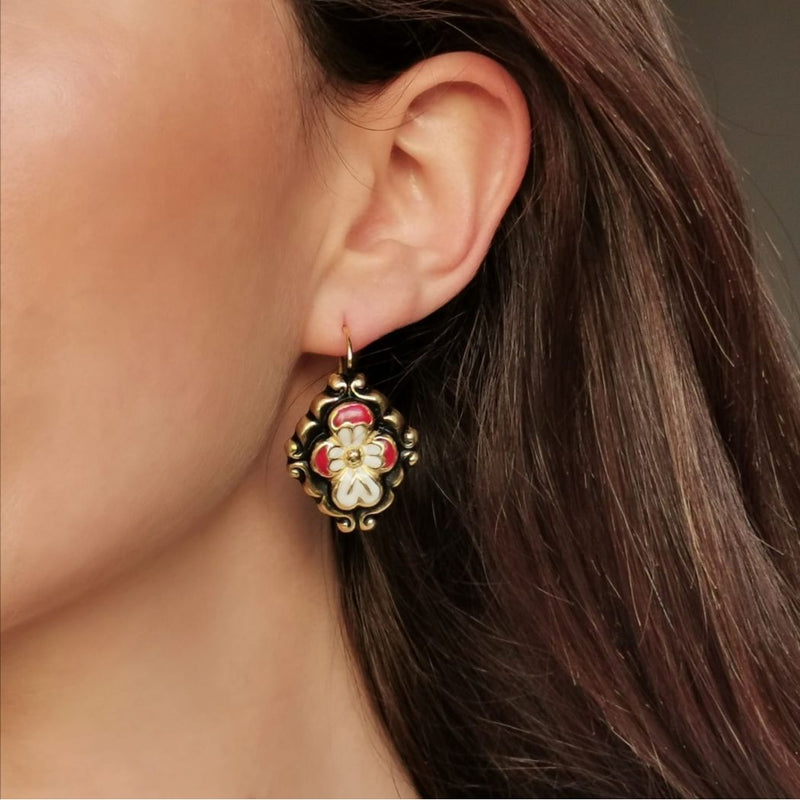 Red Baroque Gold Plated Enamel Earrings from Portugal