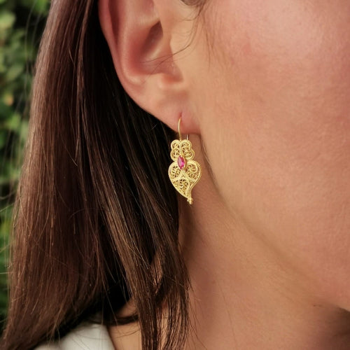 Gold Plated "Heart of Viana" Ruby Filigree Earrings