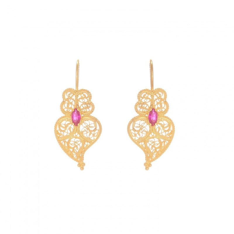 Gold Plated "Heart of Viana" Ruby Filigree Earrings