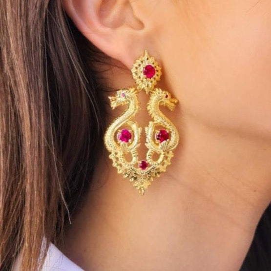 Queen Dragon Statement Earrings in Gold Plated .925 Silver + Ruby Crystal - By Ana Moura