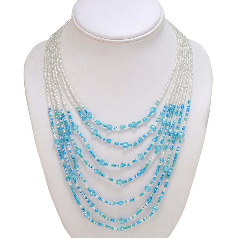 Hand Beaded Necklace - Shimmering Light Blue and Crystal