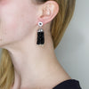 Crystal Inlaid Silver and Onyx Bead Tassel Earrings