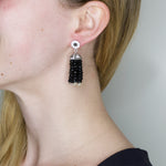 Crystal Inlaid Silver and Onyx Bead Tassel Earrings