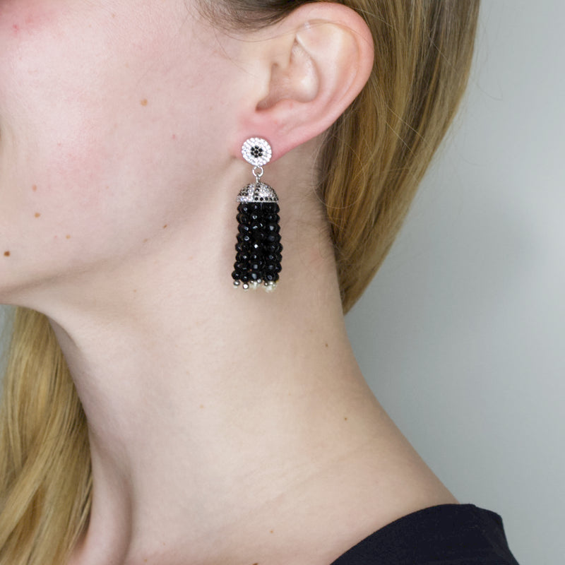 Crystal Inlaid Silver and Onyx Bead Tassel Earrings