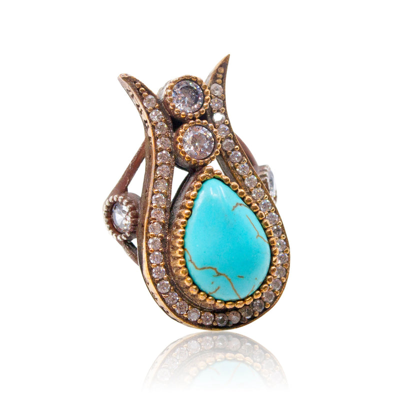 Ottoman-Inspired Turquoise Crystal Tulip Statement Ring - Size 7.5