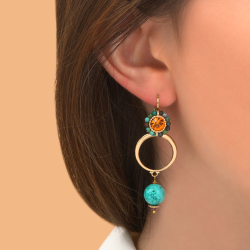Glamorous Turquoise and Carnelian Crystal Drop Pendant Earrings by Satellite Paris