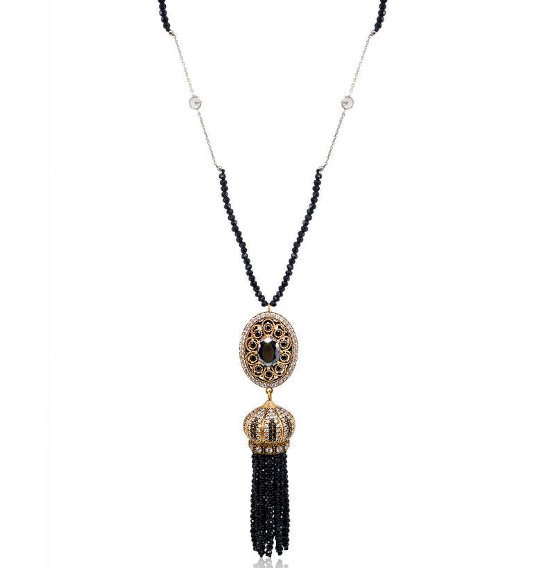 Long Vintage-Inspired Ottoman Turkish Black Jade and Crystal Tassel Necklace