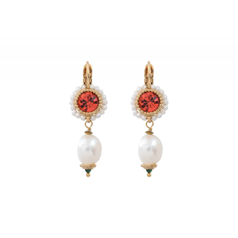 Pearl and Ruby Crystal Pendant Earrings by Satellite Paris