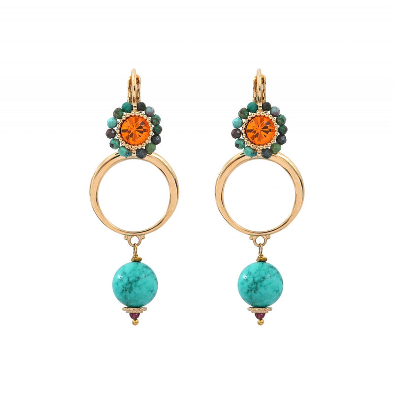 Glamorous Turquoise and Carnelian Crystal Drop Pendant Earrings by Satellite Paris