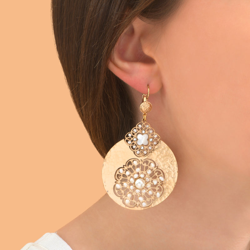 Elegant Golden Mother of Pearl Filigree Earrings by Satellite Paris