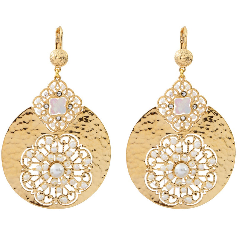 Elegant Golden Mother of Pearl Filigree Earrings by Satellite Paris