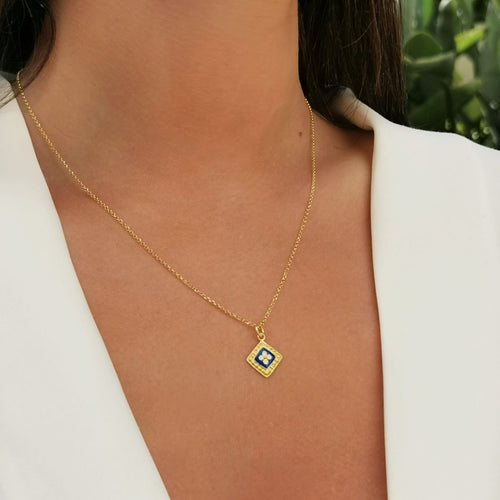 Blue Square Caramujo Pendant Necklace in Gold